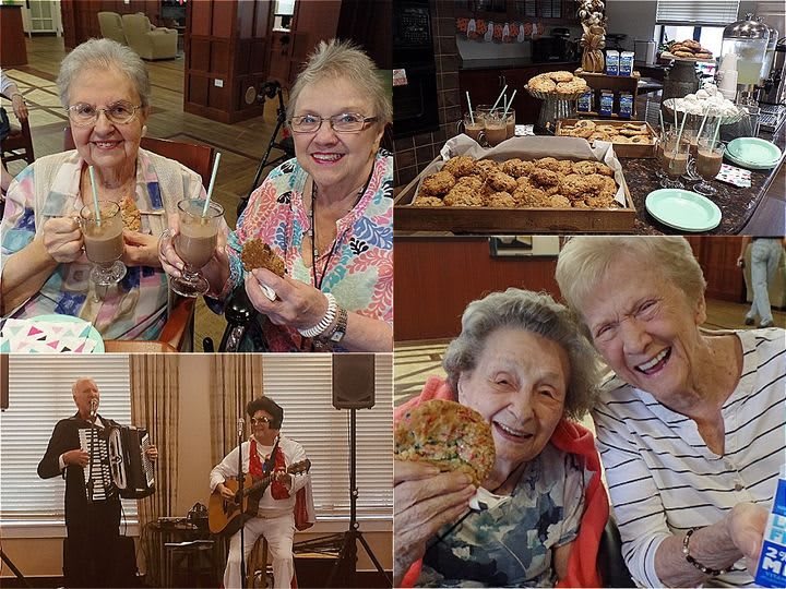 Seniors enjoy a festive gathering with desserts and live music.