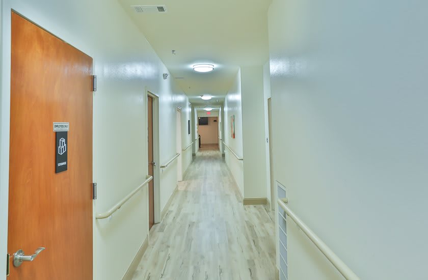 A well-lit hallway with several doors in a building interior.