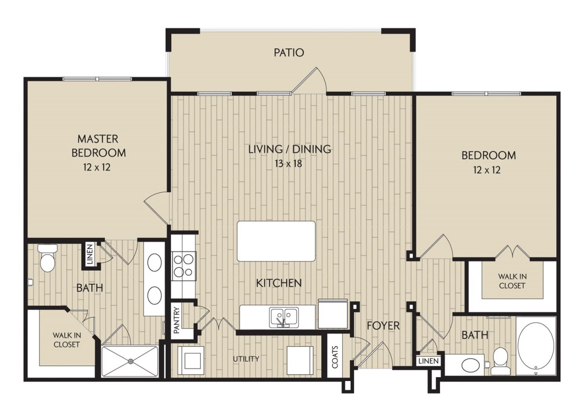 This is a floor plan of an apartment featuring two bedrooms, two bathrooms, a kitchen, and a living/dining area.