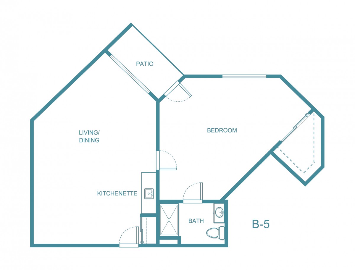 Floor plan of an apartment featuring a living room, bedroom, kitchen, and bathroom.