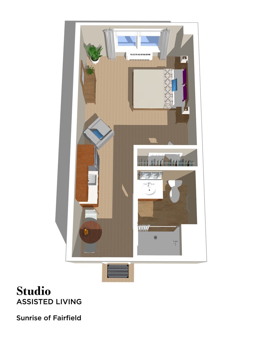 3D floor plan of a studio apartment with designated areas for sleeping, working, and bathing.