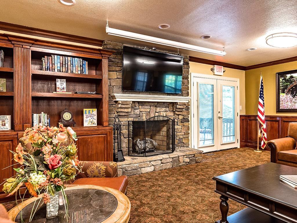 A cozy living room with a stone fireplace, television, and bookshelves.