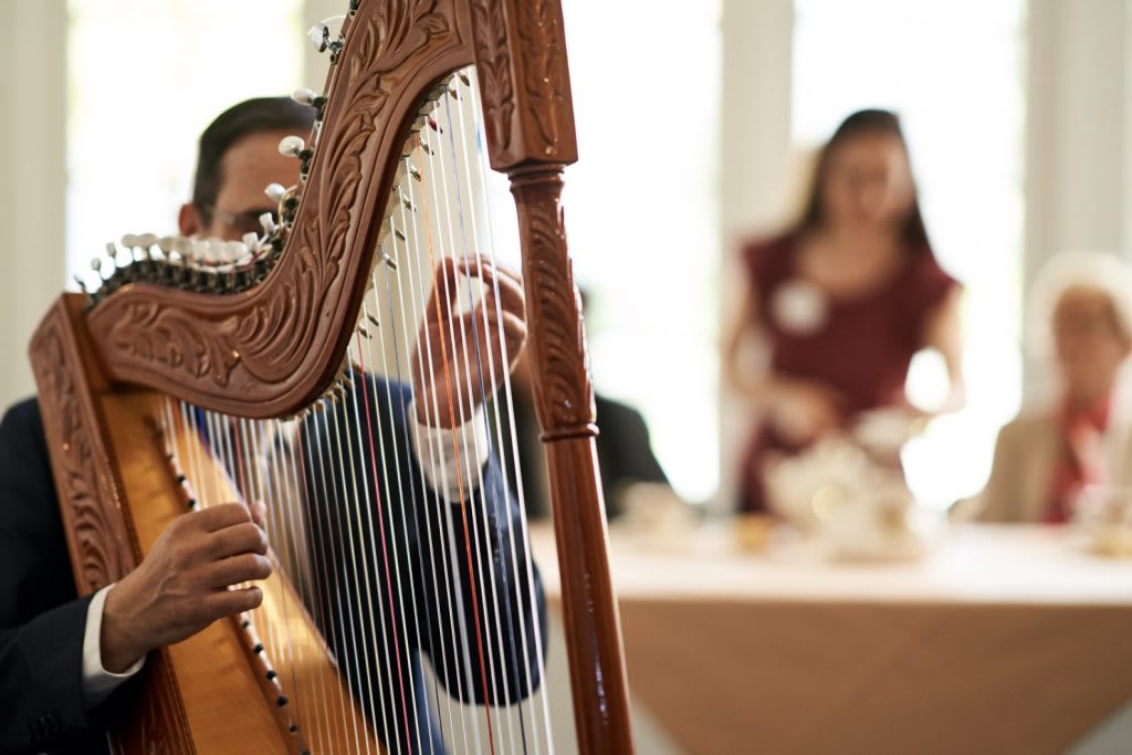 A musician plays the harp at a formal event.