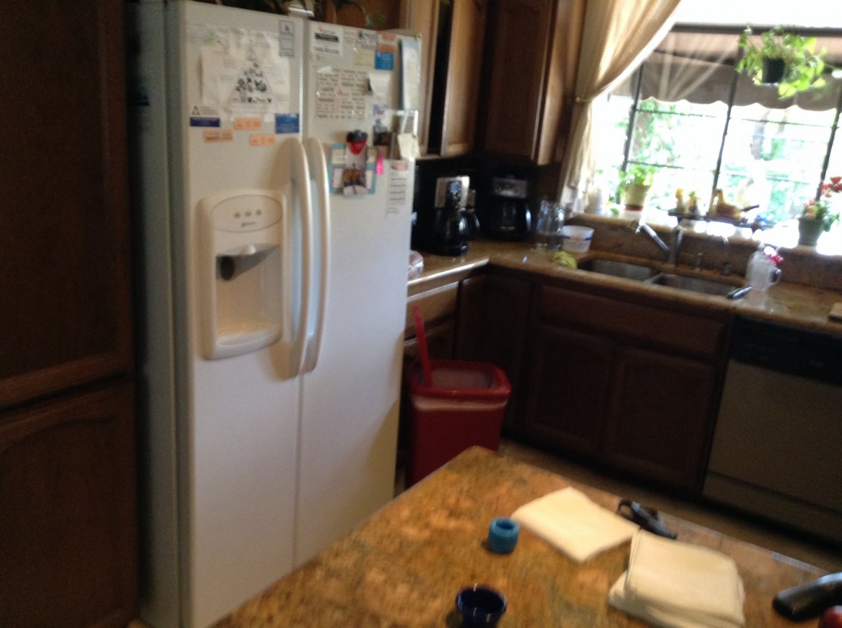 A cozy kitchen with a refrigerator, countertop, and sink by the window.