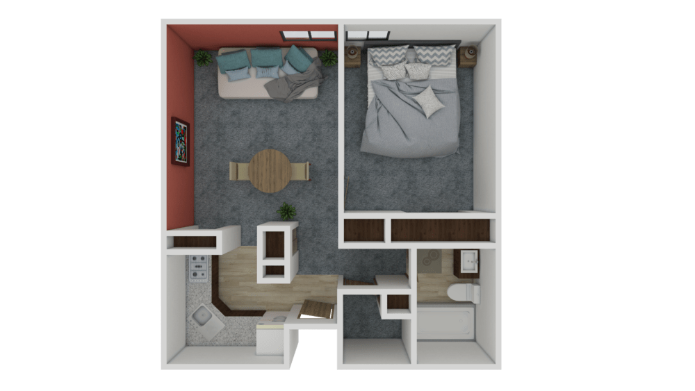 A 3D floor plan of a small apartment with a living room, bedroom, kitchen, and bathroom.