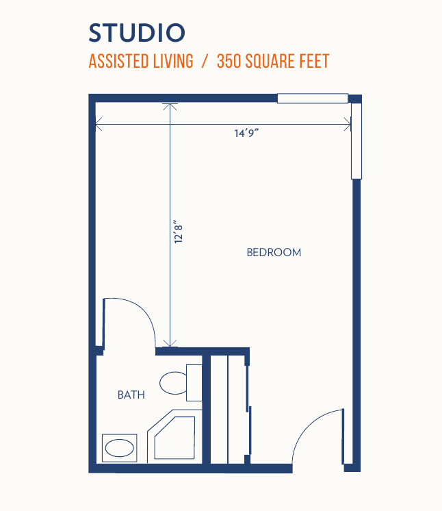 Studio apartment floor plan for assisted living, featuring a bath and main living area.