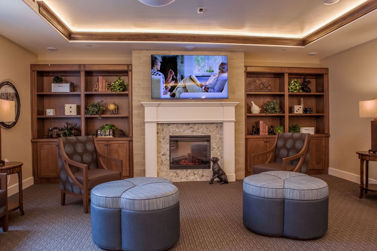 Cozy living room featuring a fireplace, TV, and built-in bookshelves with comfortable seating.