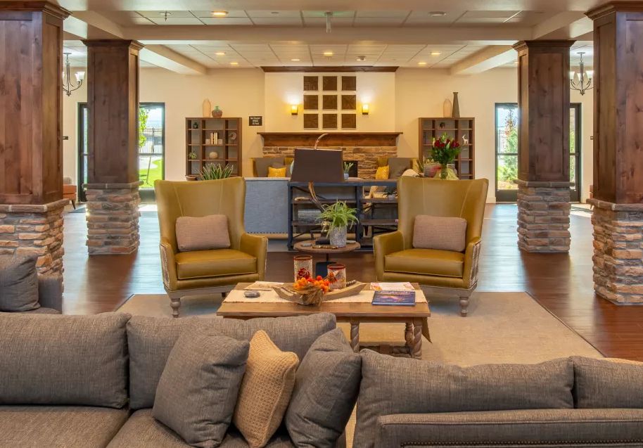 A cozy and stylish living room with modern furniture and warm lighting.