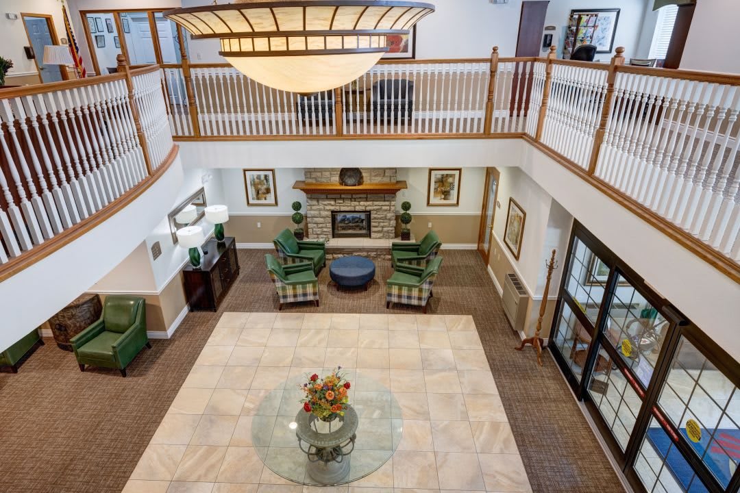 A spacious lobby with comfortable seating and elegant decor.