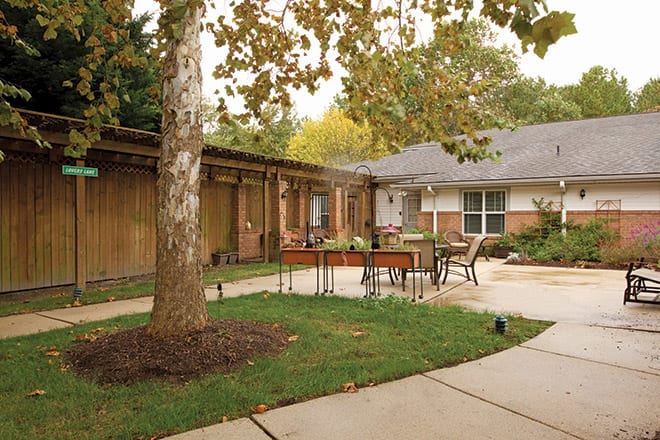 A serene courtyard with outdoor furniture surrounded by trees and a house exterior.