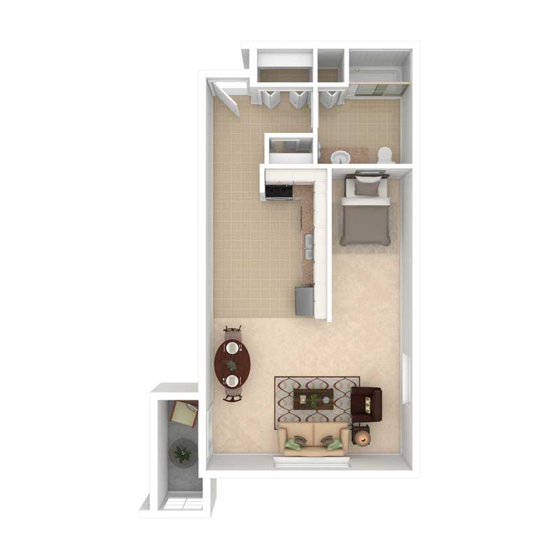 A 3D floor plan of a small one-bedroom apartment.