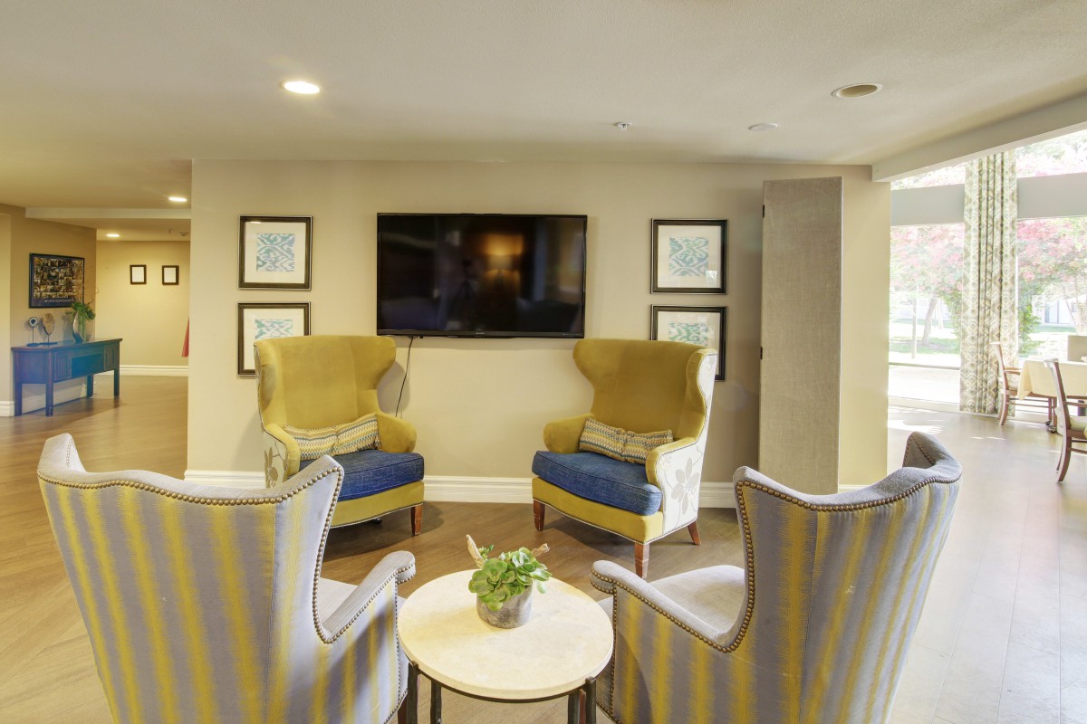 A cozy living room setup with two armchairs, a TV on the wall, and decorative artwork.