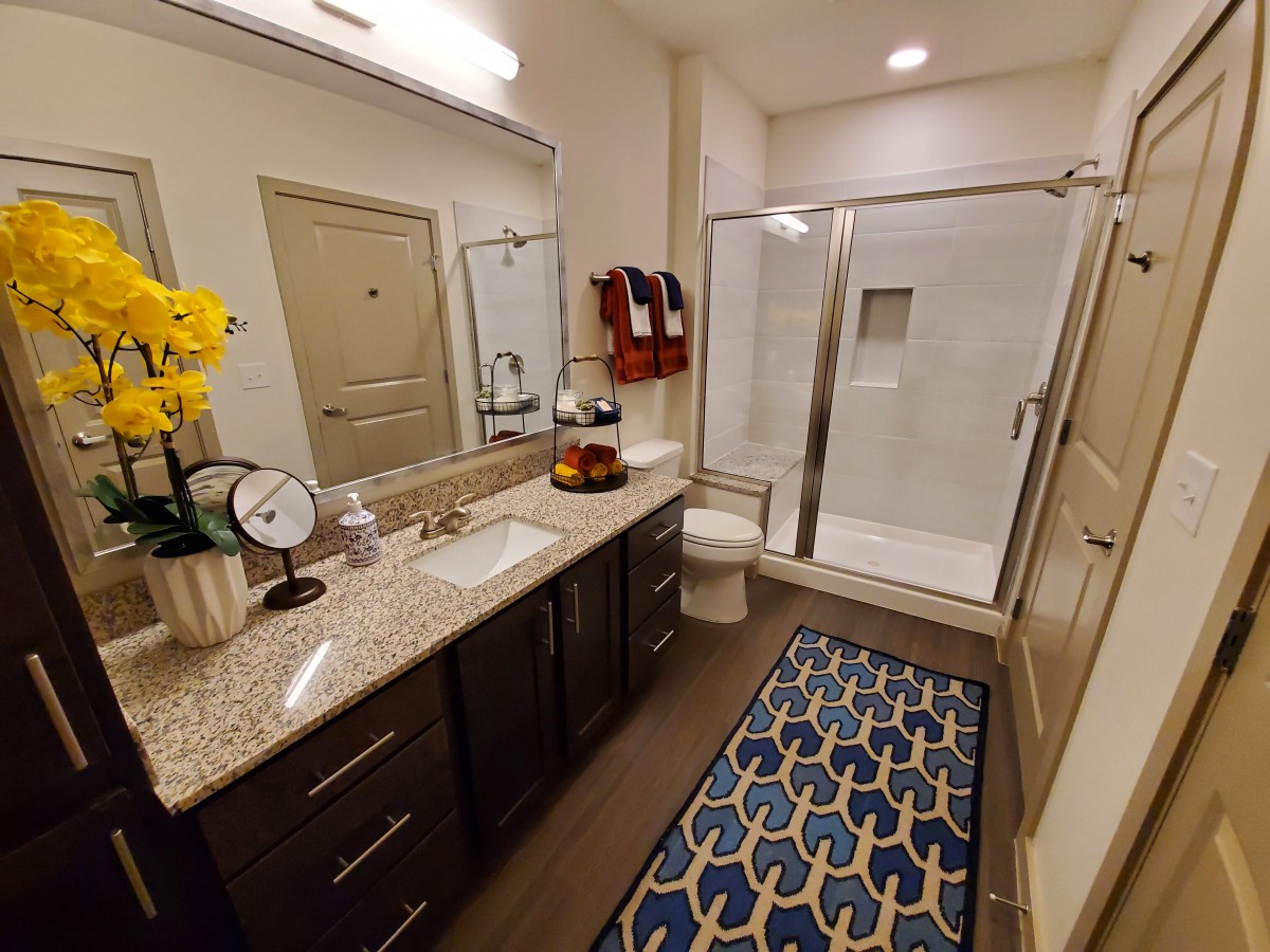 A modern bathroom with a spacious shower, large mirror, and elegant decor.
