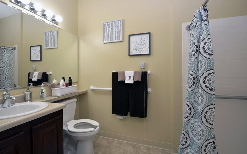 A neatly organized bathroom with a toilet, sink, mirror, and decorative wall art.