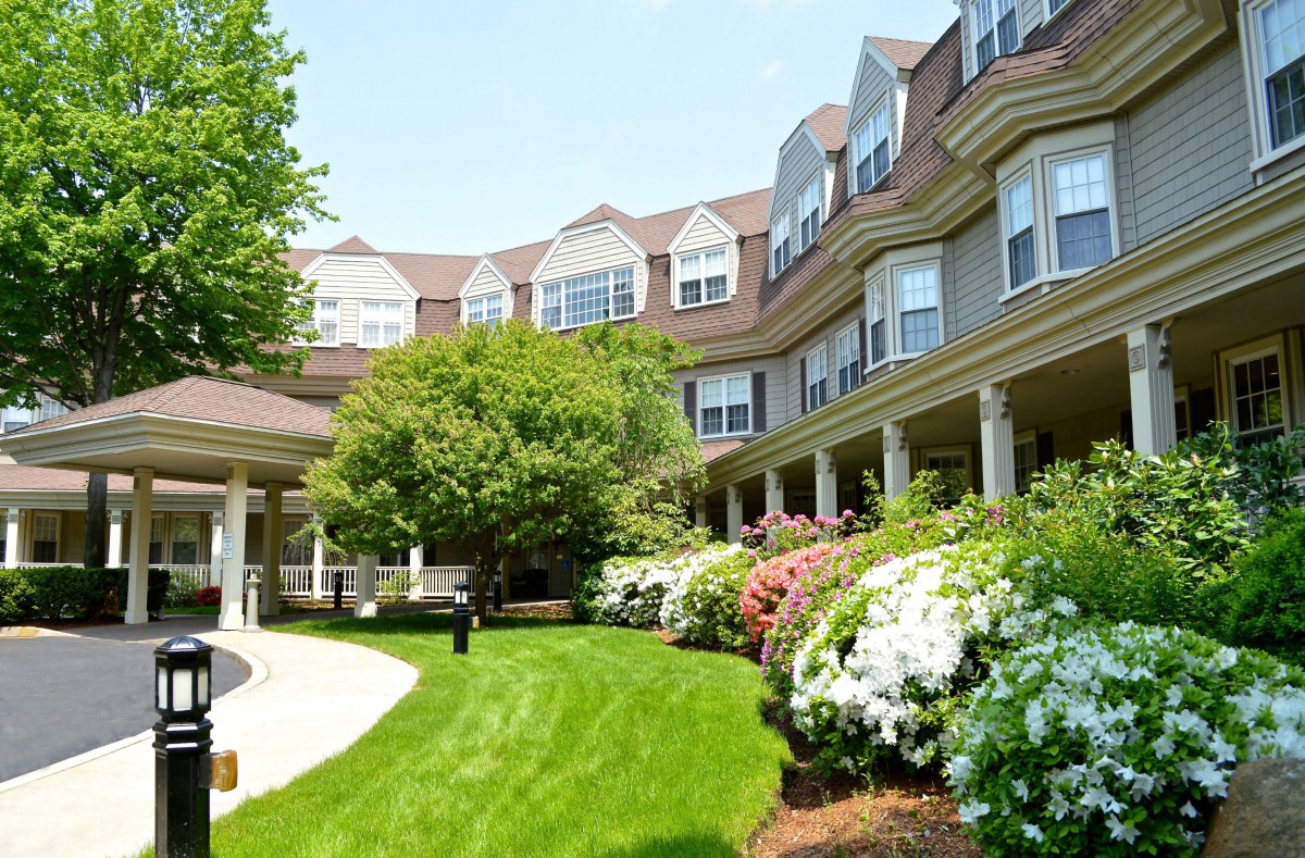 A well-maintained garden with a scenic view of a residential building on a sunny day.