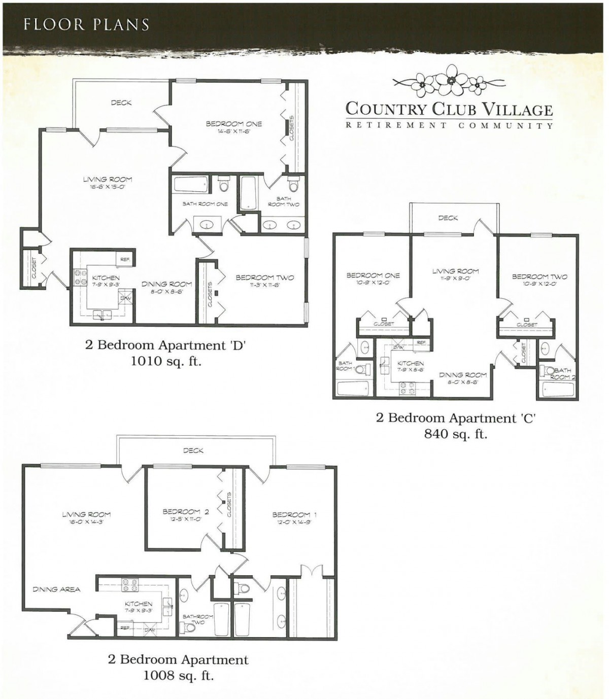 Floor plans of Country Club Village apartments showing layouts for 2 and 3-bedroom units.