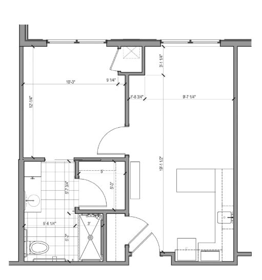 A detailed floor plan showing the layout of an apartment with designated areas for living and bathroom spaces.