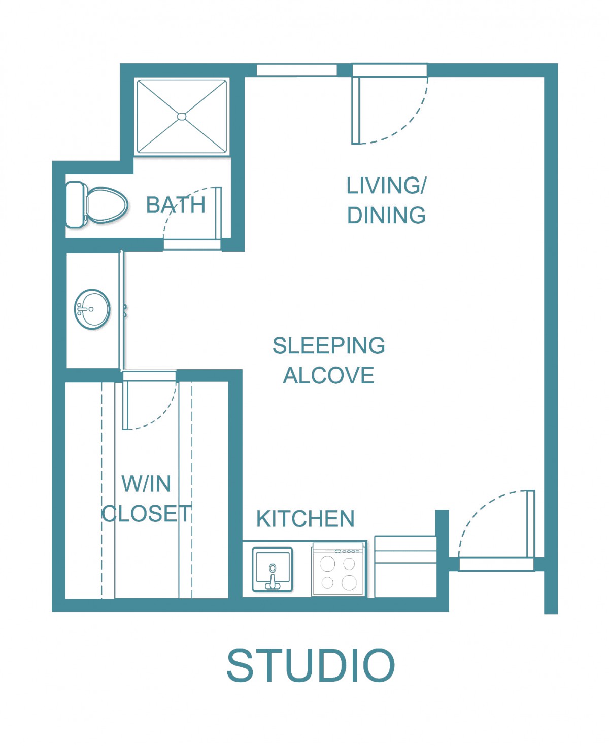 Studio apartment floor plan with living/dining area, sleeping alcove, kitchen, bath, and closet.
