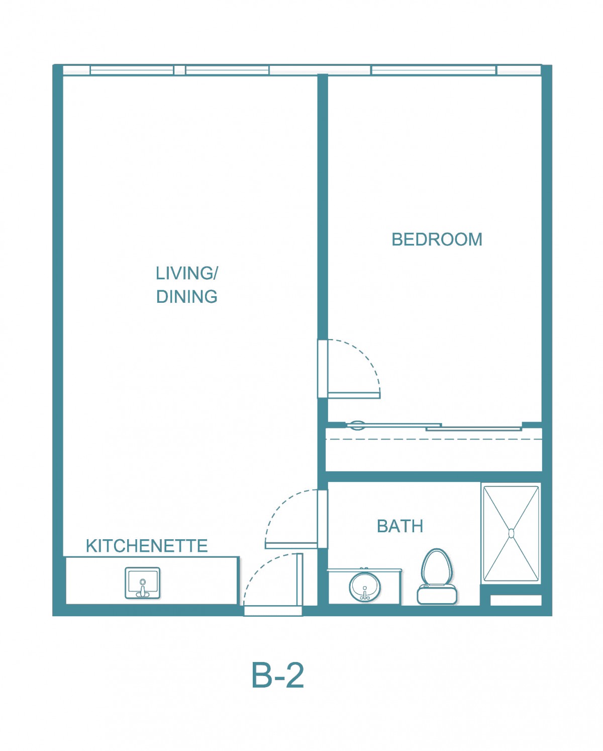 A simple floor plan of an apartment featuring a living/dining area, kitchenette, bedroom, and bathroom.