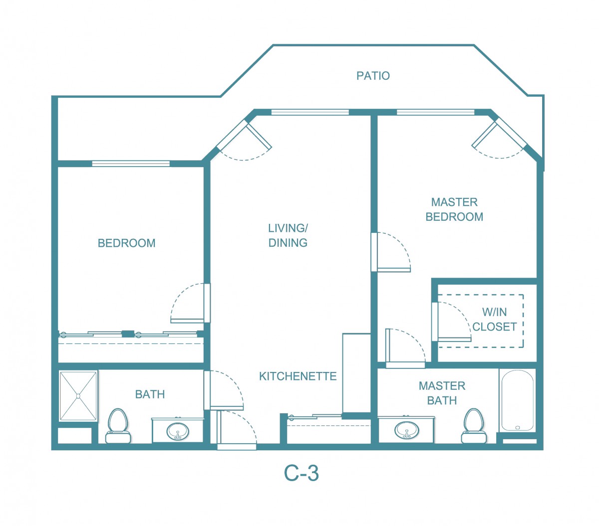 Blueprint layout of a two-bedroom apartment with living room, kitchen, and bathrooms.