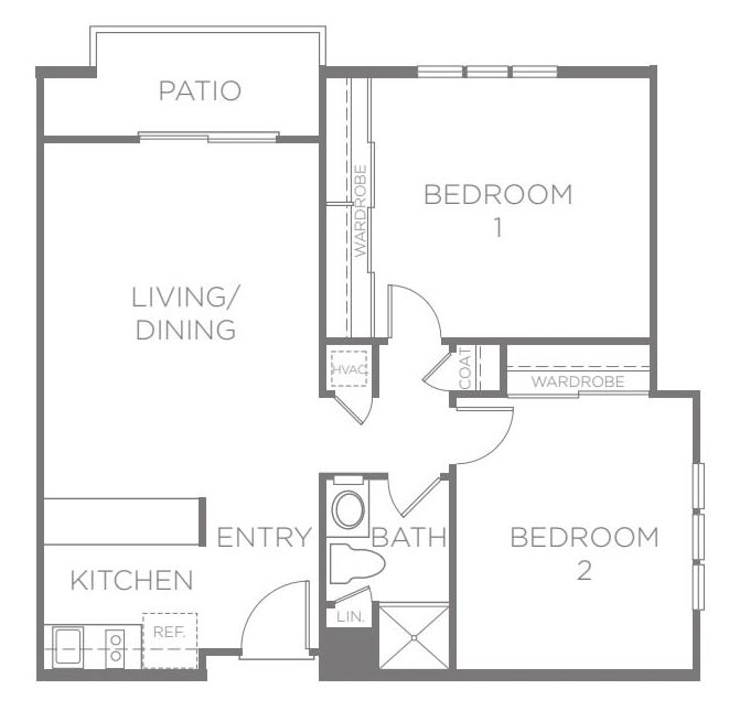 A floor plan of a two-bedroom apartment featuring a living/dining area, kitchen, bathroom, and patio.