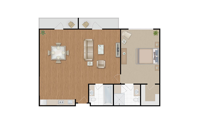 A detailed floor plan of an apartment featuring a living room, bedroom, kitchen, and bathroom.