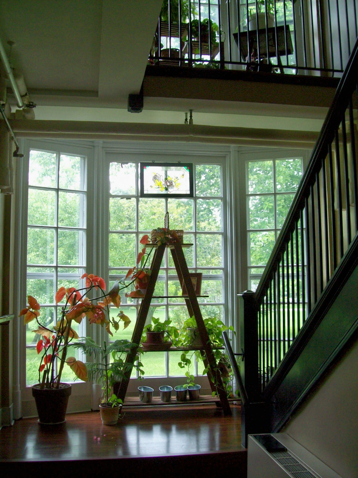 A cozy indoor space with stairs, plants, and a large window letting in natural light.