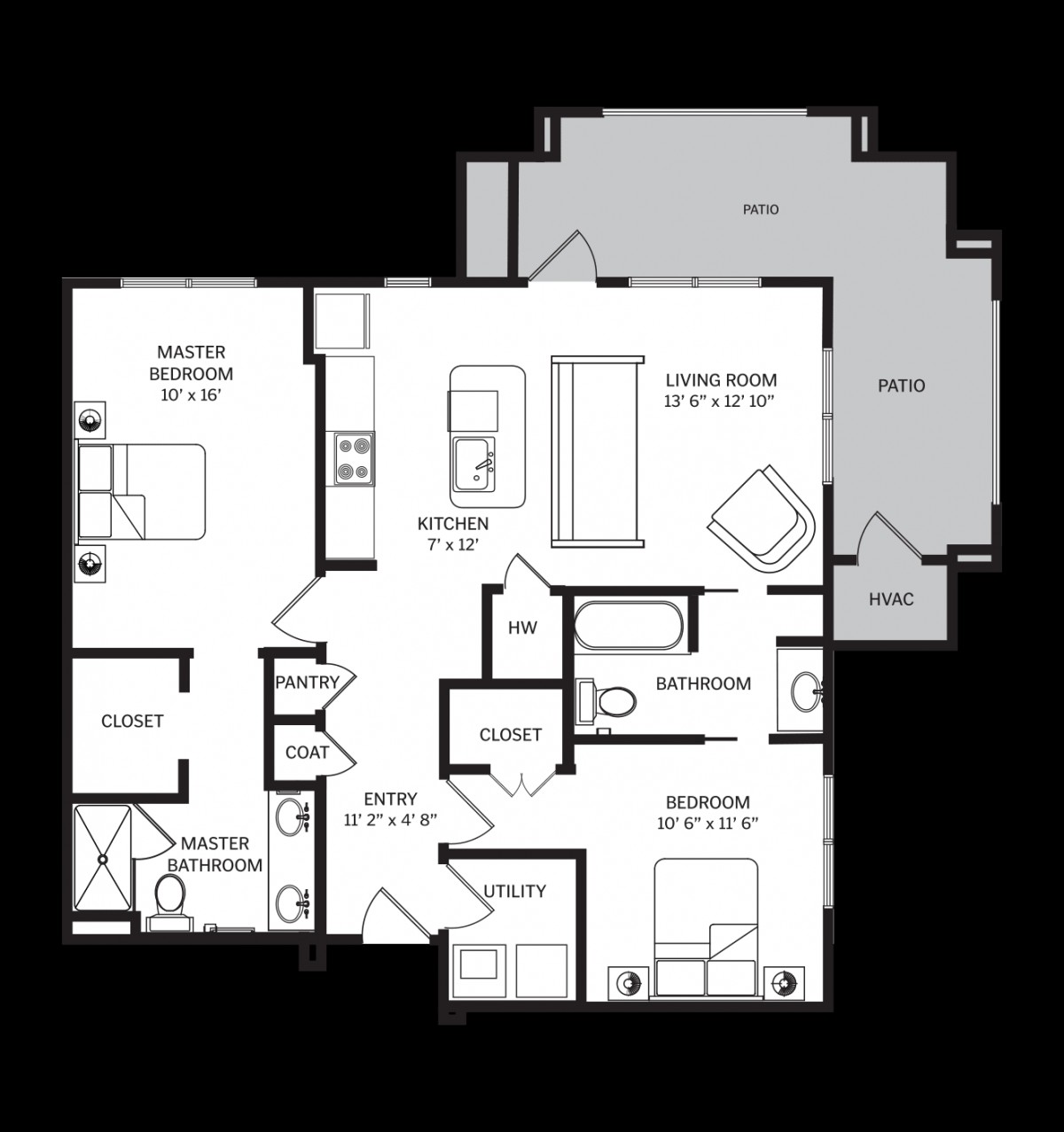 This image is a floor plan depicting the layout of an apartment, including rooms such as bedrooms, bathrooms, kitchen, and living area.