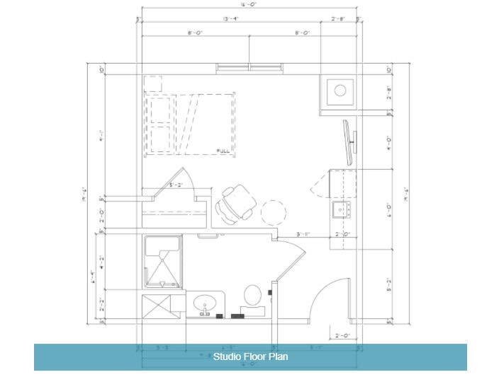Floor plan of a studio apartment with detailed layout.