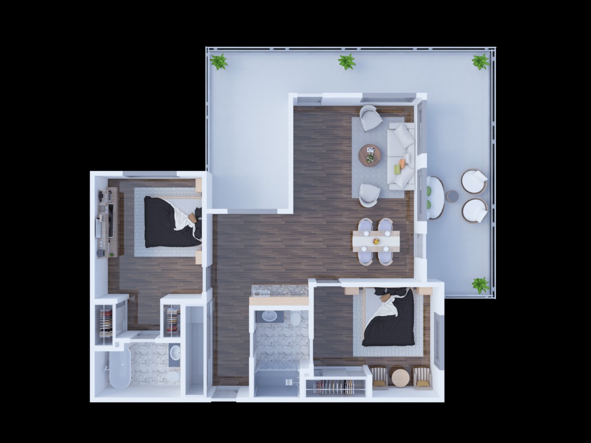 A 3D floor plan of a modern apartment with two bedrooms, a living room, kitchen, bathroom, and balcony.