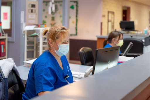 Healthcare professionals working diligently at their stations in a hospital setting.