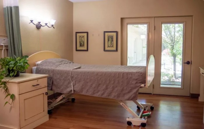 A well-furnished hospital room with a comfortable hospital bed and soothing decor.