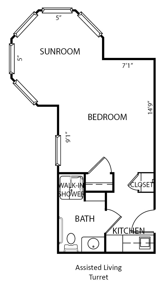 A floor plan layout showing a bedroom, bathroom, closet, and hallway configuration.