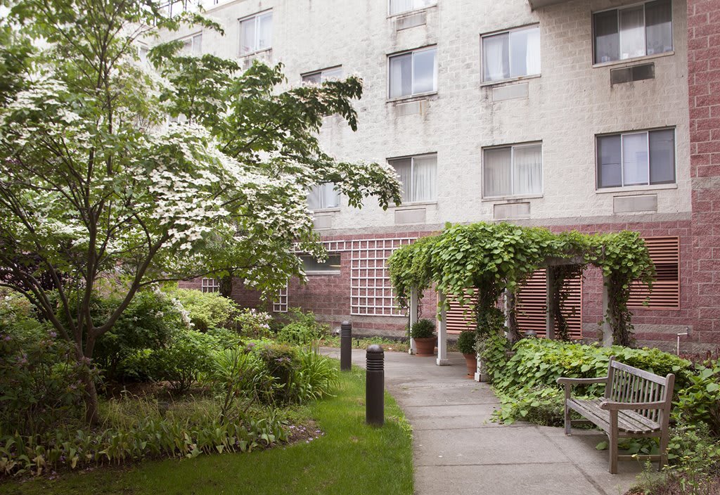 A serene garden with lush greenery and a pathway beside an apartment building.