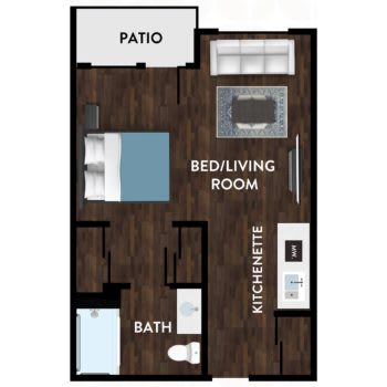 Studio apartment floor plan with bed/living room, kitchenette, bath, and patio.