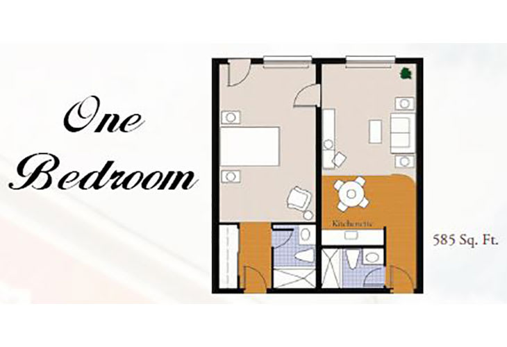 A floor plan showcasing a one-bedroom apartment layout.