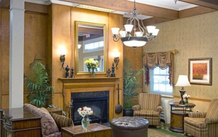 A cozy living room with a fireplace, chandelier, and elegant decor.