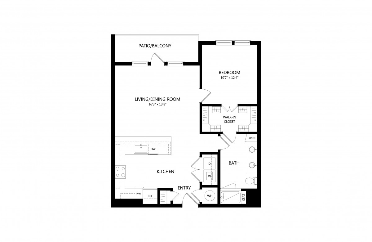 This image shows a floor plan layout of an apartment featuring a bedroom, bathroom, living/dining room, and kitchen.