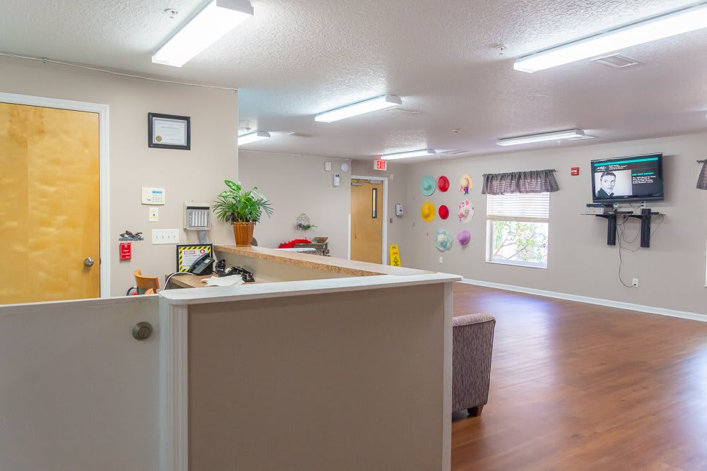 A clean and organized reception area with colorful wall decorations.
