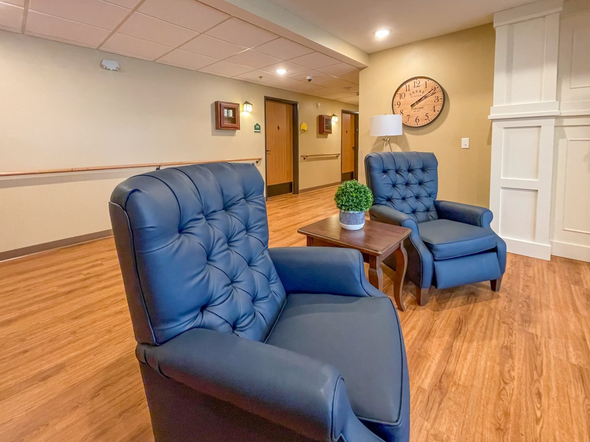 Cozy lounge area with blue armchairs and a wooden floor.