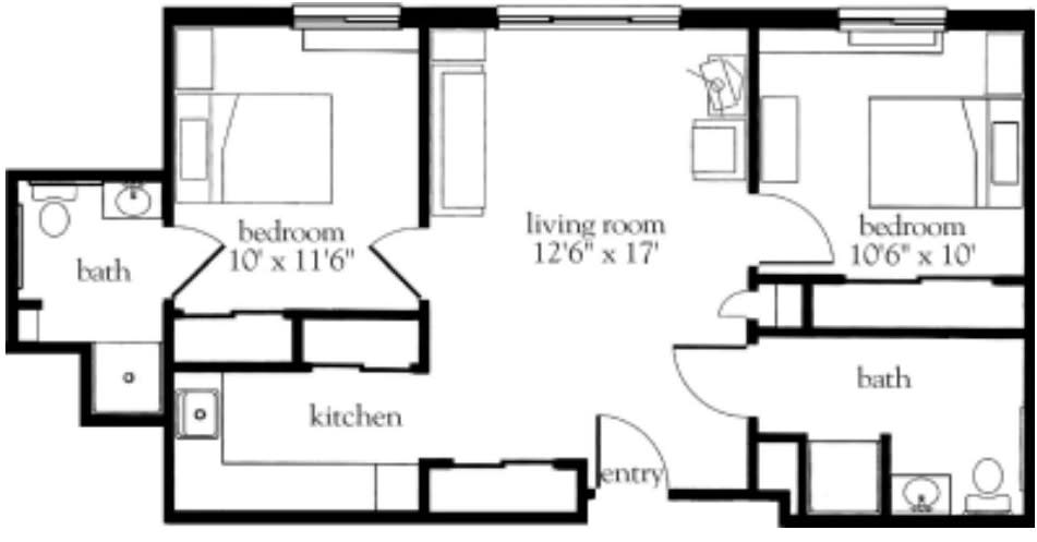 A simple floor plan of a one-bedroom apartment with dimensions for each room.