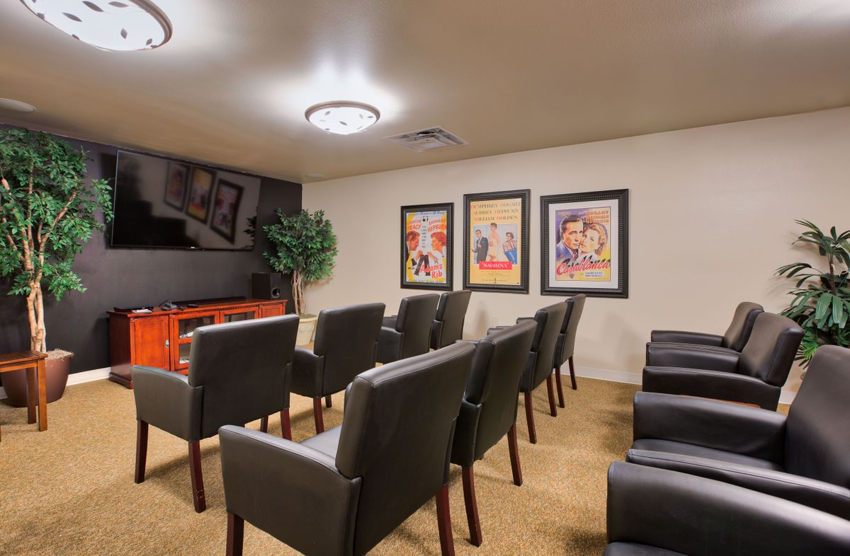 A cozy home theater setup with rows of chairs facing a large screen, decorated with artwork on the walls.