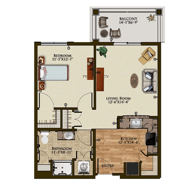 A detailed floor plan of a one-bedroom apartment with a living room, kitchen, bathroom, and balcony.