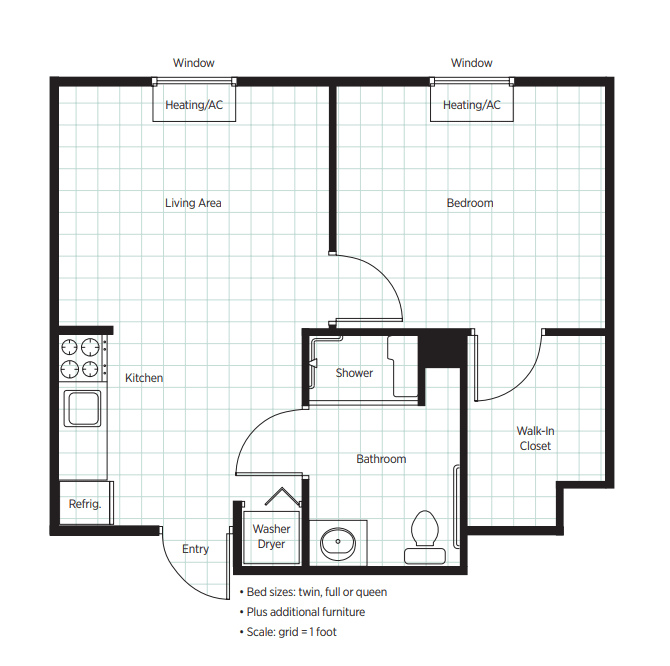 This is a floor plan of a one-bedroom apartment with labeled areas for the kitchen, living room, bedroom, and bathroom.