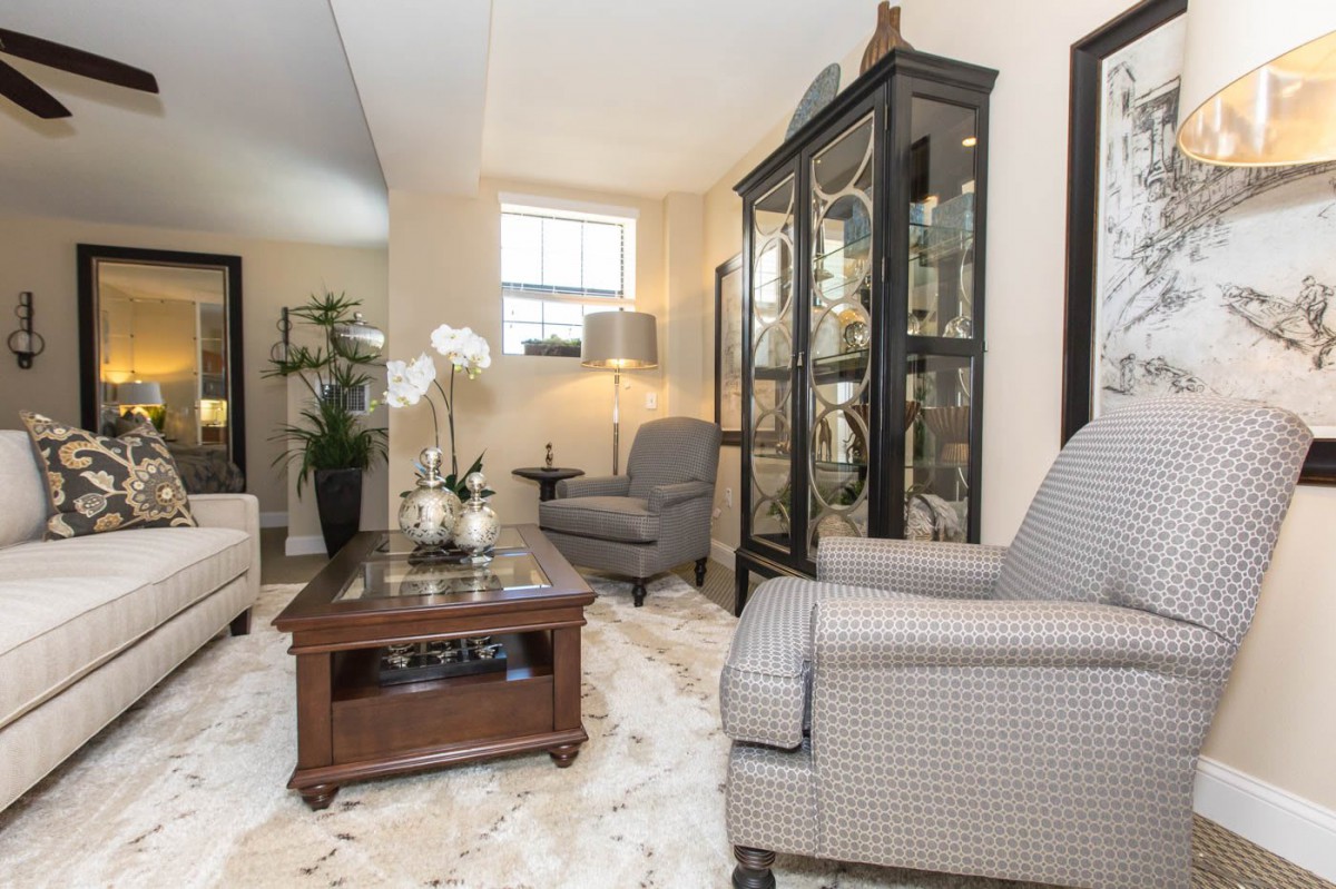 A cozy living room with comfortable armchairs, a wooden coffee table, display cabinets, and indoor plants enhancing the decor.
