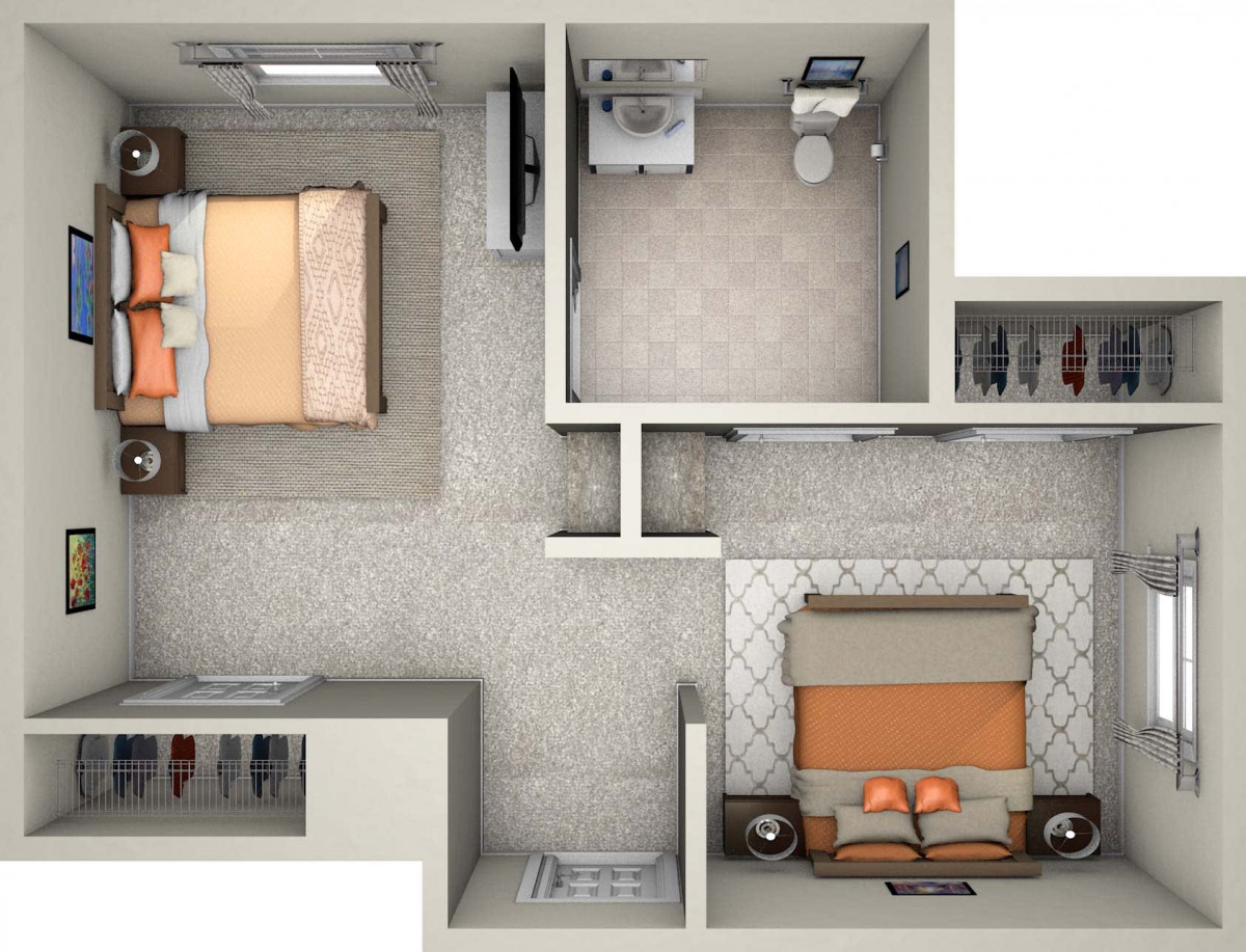 A detailed floor plan of a small apartment showing the bedroom, living room, and bathroom layout.