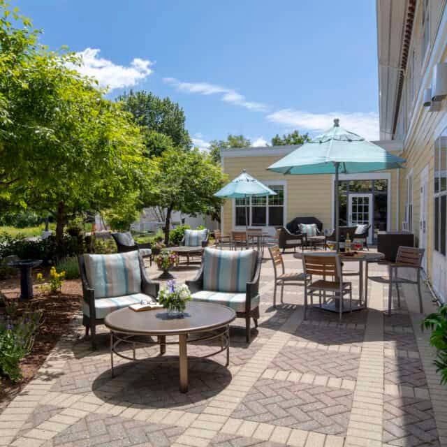A sunny patio with comfortable seating and umbrellas surrounded by greenery.