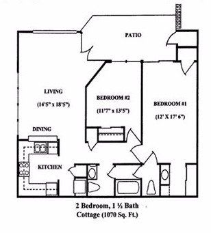 Floor plan of a 2-bedroom, 1-bath cottage apartment layout.