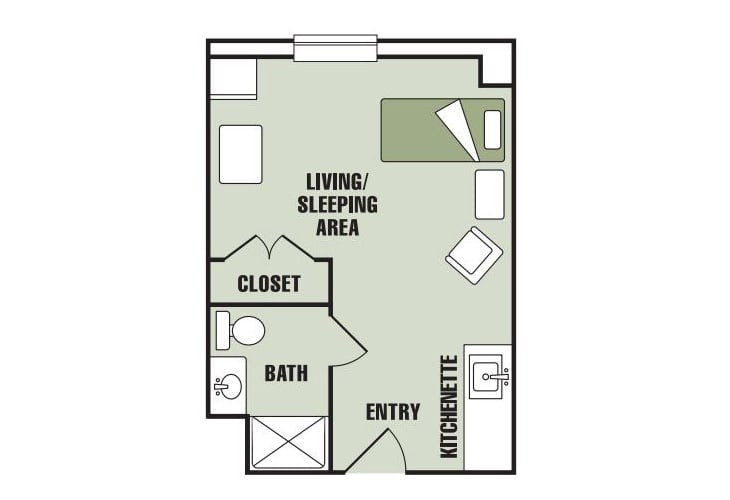 A floor plan of a studio apartment featuring a living/sleeping area, kitchenette, bathroom, and closet.