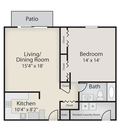 This is a floor plan of a one-bedroom apartment featuring a living/dining room, kitchen, bathroom, bedroom, and patio.